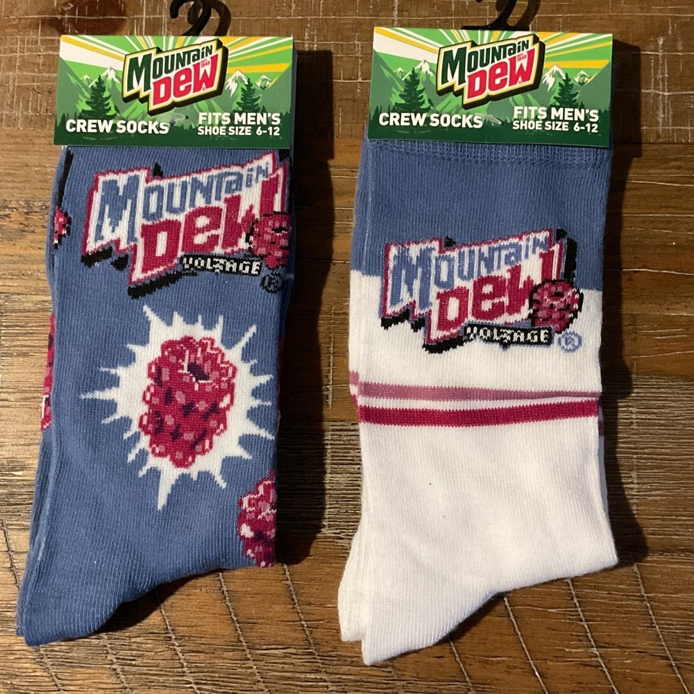 NEW Mountain Dew Voltage Mens Crew Socks 2 Pair Bundle Blue White Shoe Size 6-12